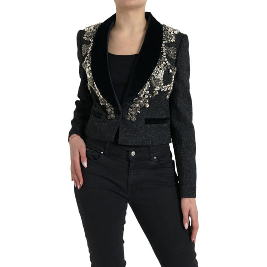 Elegant Embellished Black Overcoat Jacket Dolce & Gabbana