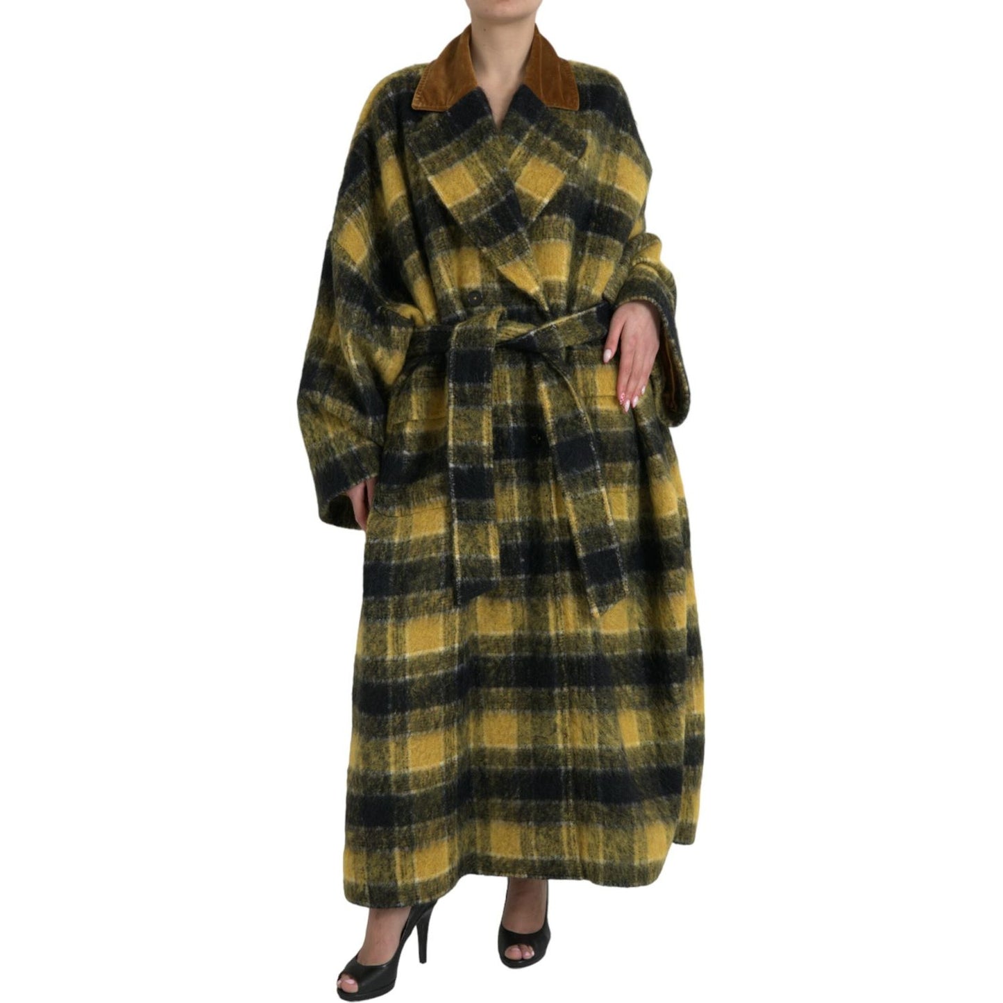 Chic Checkered Long Trench Coat in Sunny Yellow