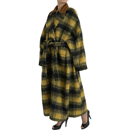 Chic Checkered Long Trench Coat in Sunny Yellow