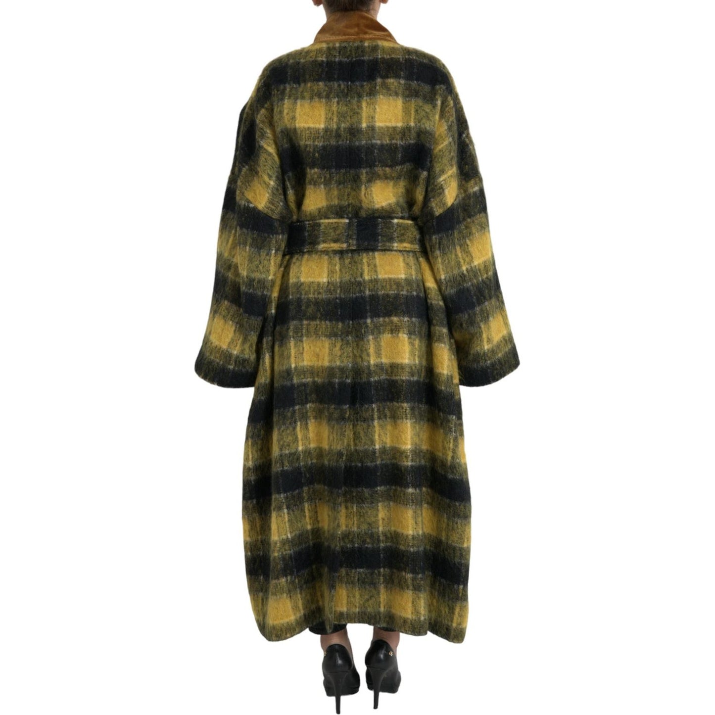 Chic Checkered Long Trench Coat in Sunny Yellow