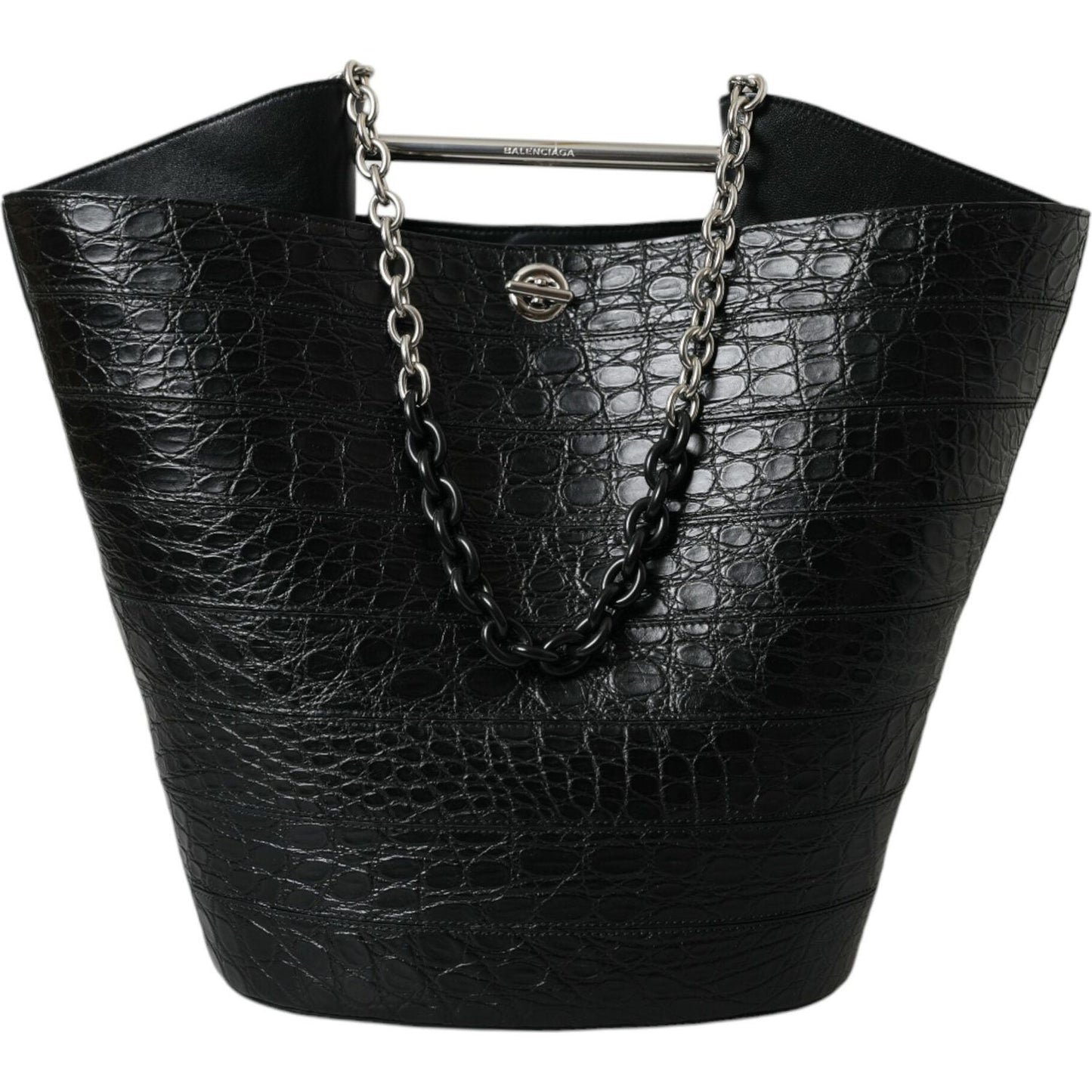 Elegant Black Crocodile Leather Maxi Bucket Bag