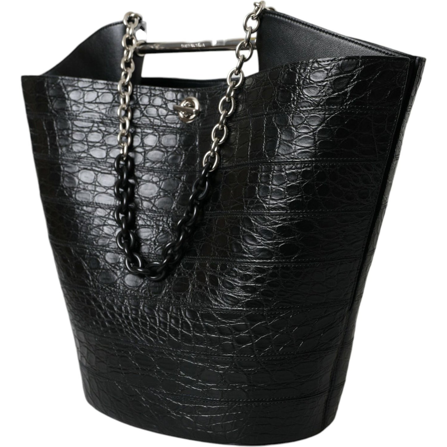 Elegant Black Crocodile Leather Maxi Bucket Bag