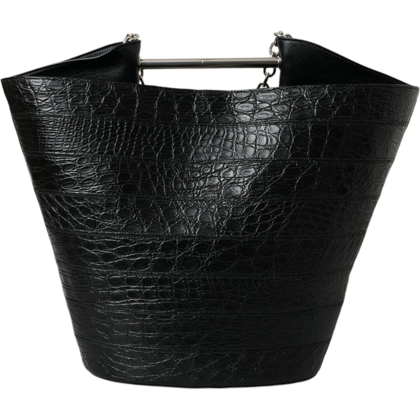 Elegant Black Crocodile Leather Maxi Bucket Bag