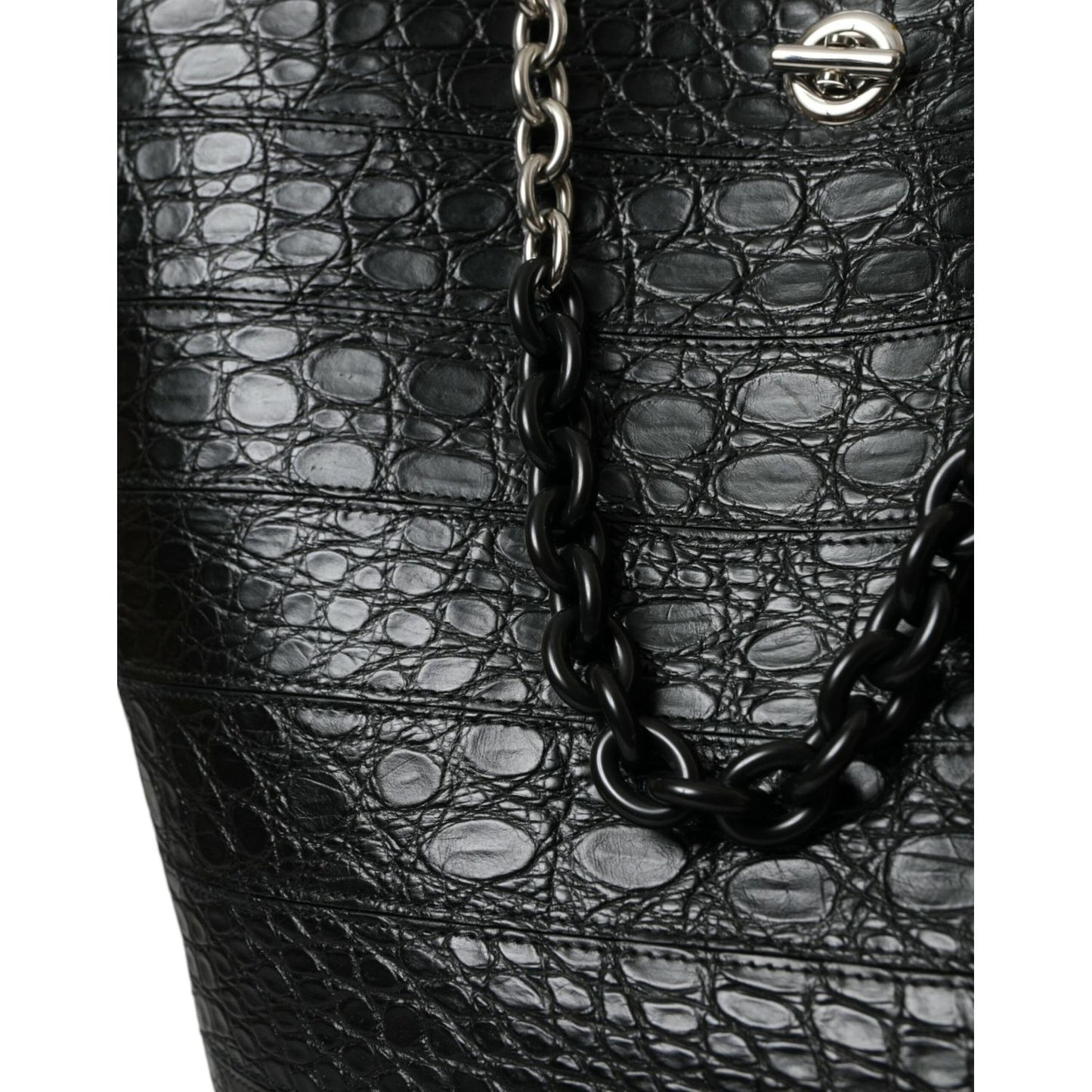 Elegant Black Crocodile Leather Maxi Bucket Bag