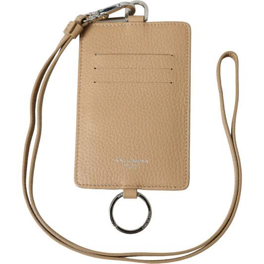 Beige Calf Leather Lanyard Logo Card Holder Wallet