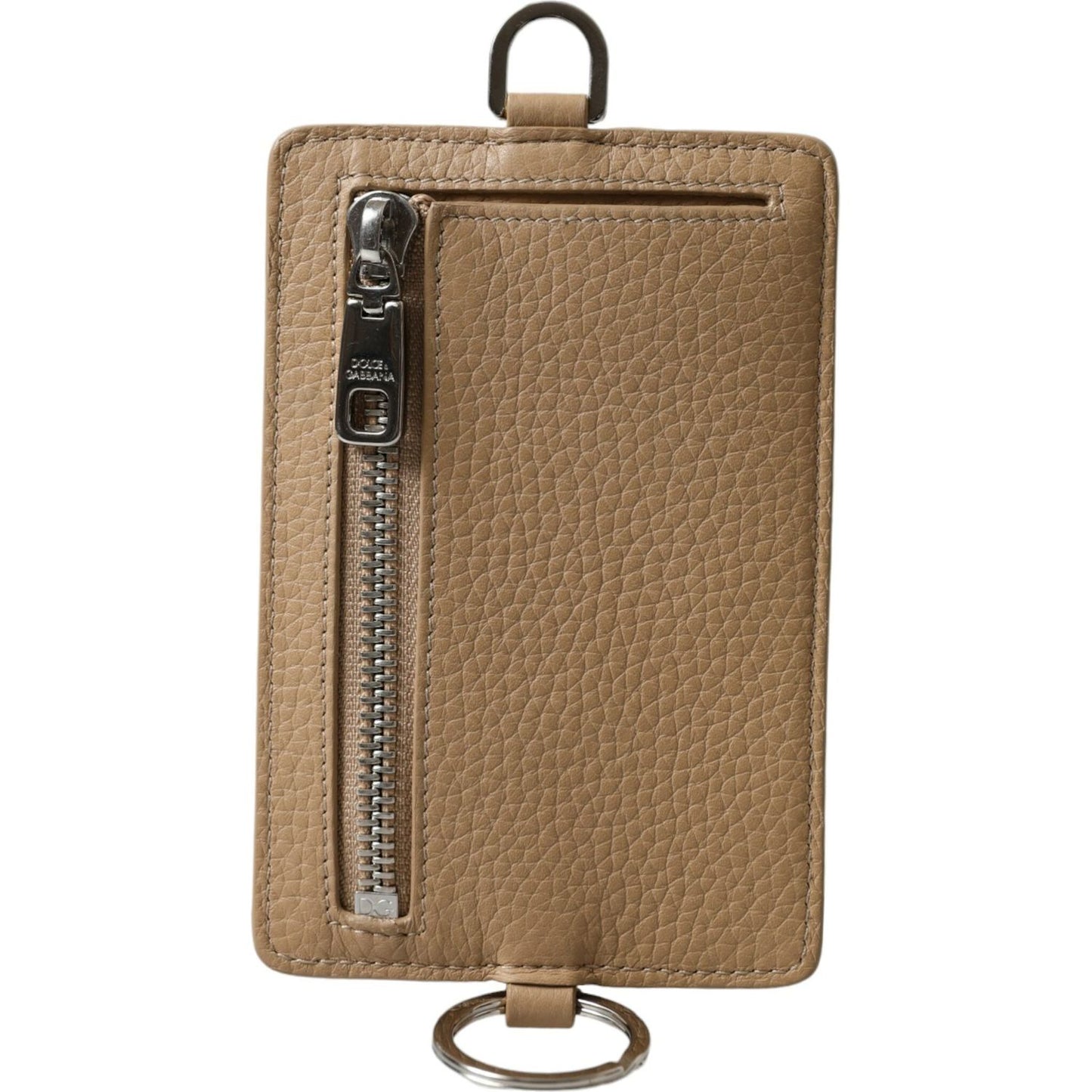 Beige Calf Leather Lanyard Logo Card Holder Wallet