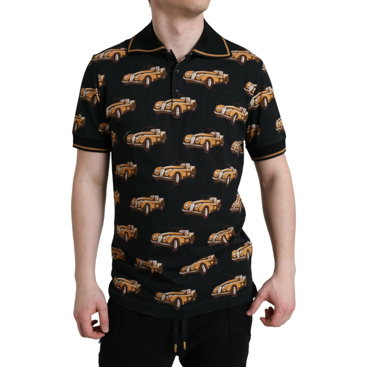 Black Car Print Short Sleeve Polo T-shirt