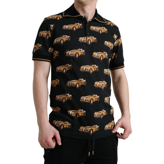 Black Car Print Short Sleeve Polo T-shirt