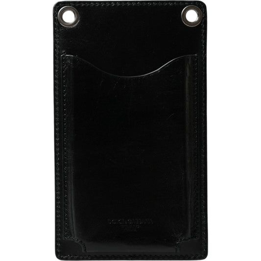 Black Calf Leather Zip Logo Shoulder Neck Strap Wallet