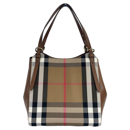 Small Canterby Tan Leather Check Canvas Tote Bag Purse