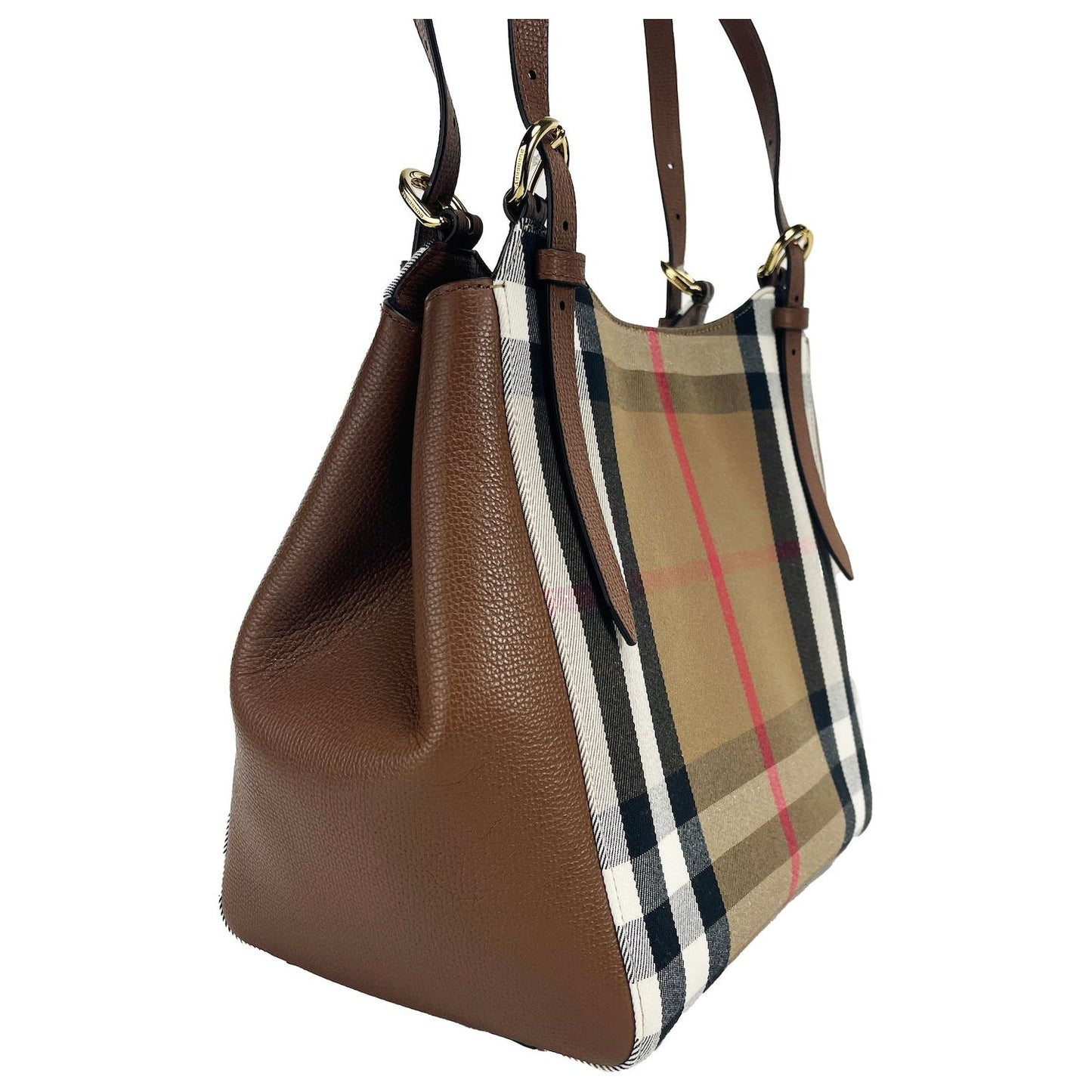 Small Canterby Tan Leather Check Canvas Tote Bag Purse