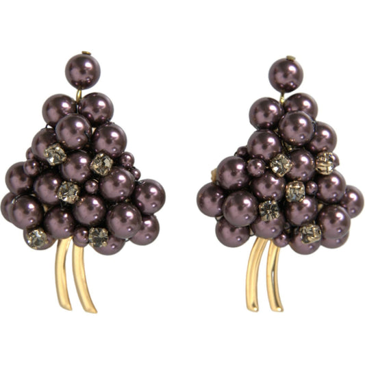 Purple Grape Pearl Sicily Gold Brass Floral Clip On Earrings