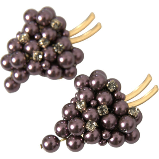 Purple Grape Pearl Sicily Gold Brass Floral Clip On Earrings