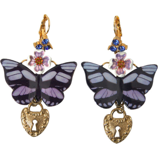 Gold Purple Crystal Butterfly Heart Locket Earrings