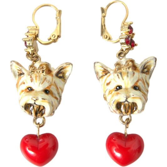 Gold Brass Heart Dog Red Crystal Dangling Earrings