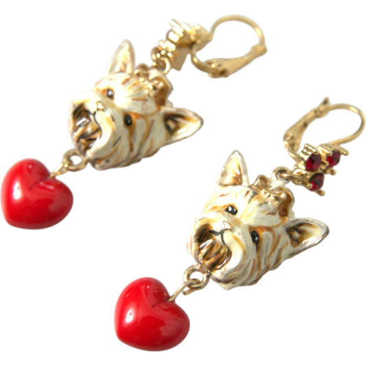 Gold Brass Heart Dog Red Crystal Dangling Earrings