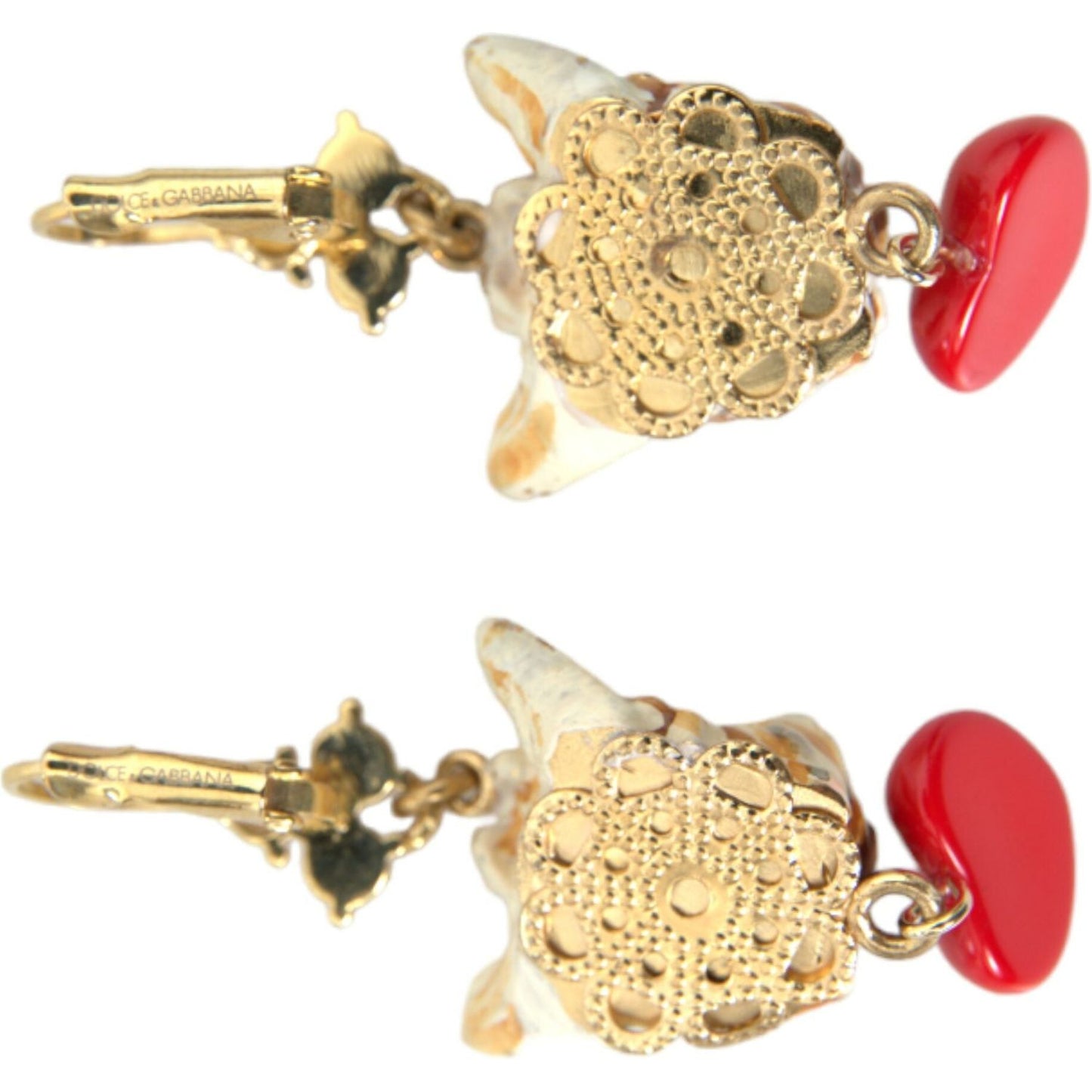 Gold Brass Heart Dog Red Crystal Dangling Earrings