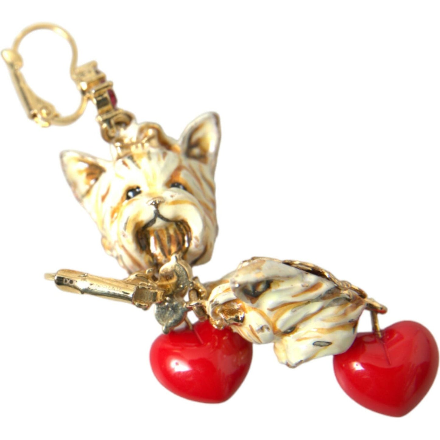 Gold Brass Heart Dog Red Crystal Dangling Earrings