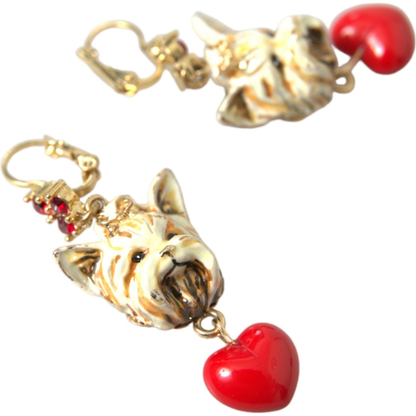 Gold Brass Heart Dog Red Crystal Dangling Earrings