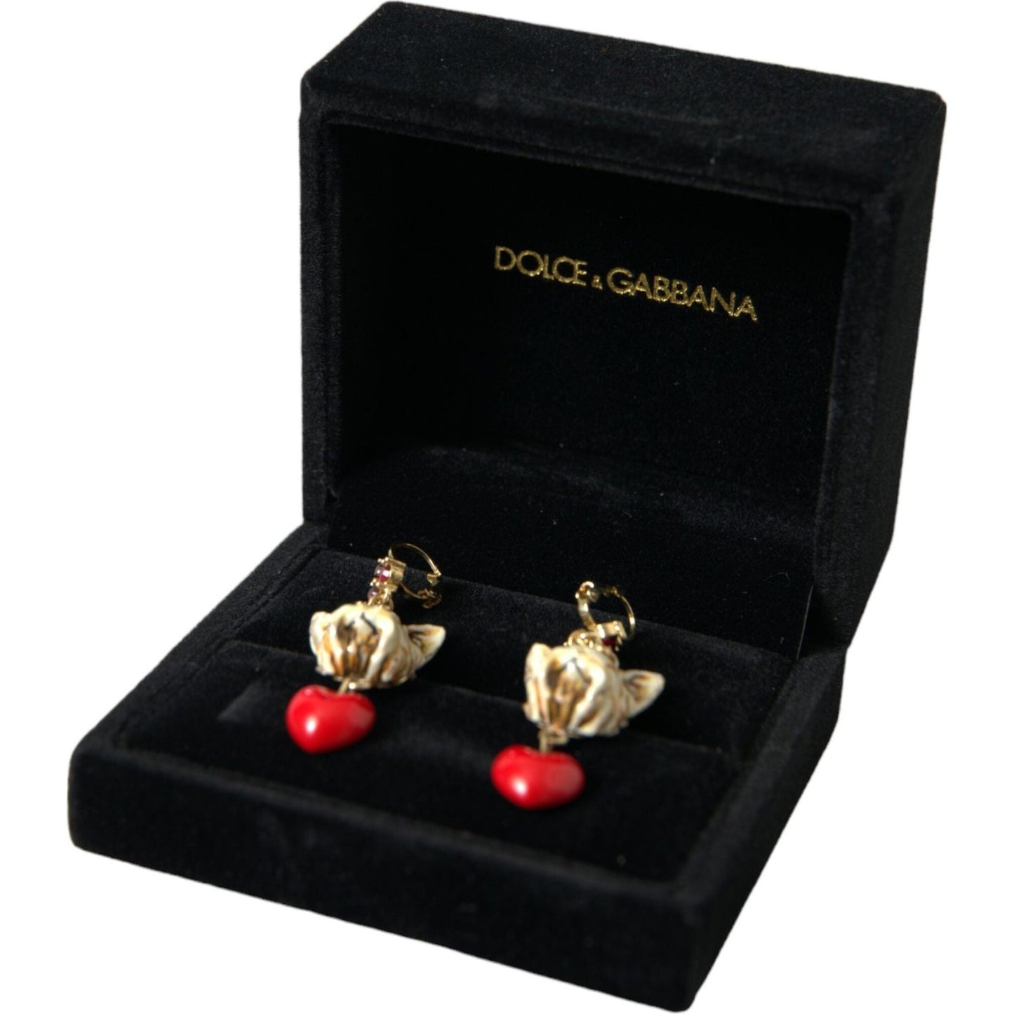 Gold Brass Heart Dog Red Crystal Dangling Earrings