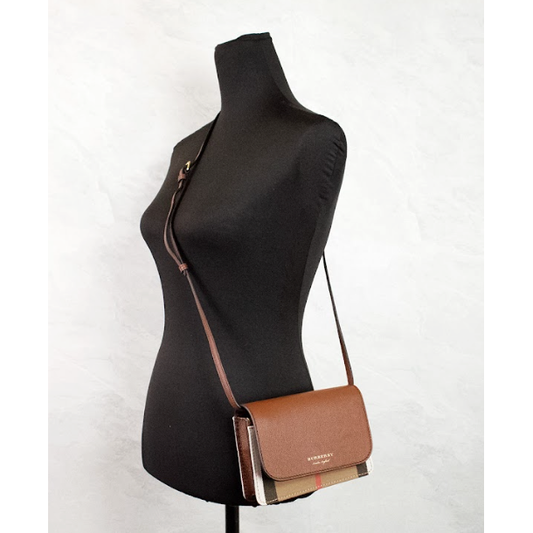 Hampshire Small House Check Canvas Tan Derby Leather Crossbody Bag