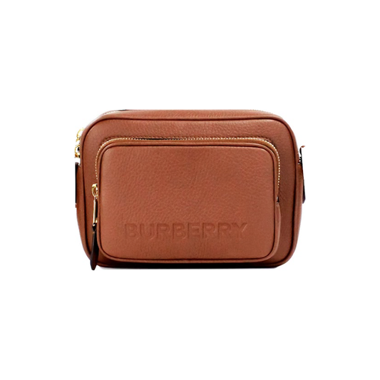 Small Branded Tan Brown Leather Camera Crossbody Bag