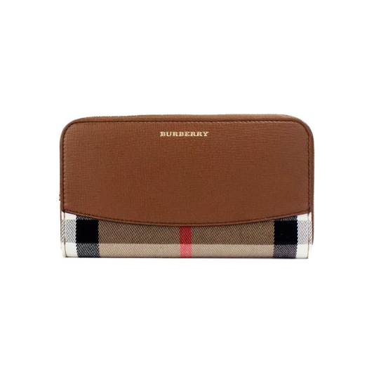 Elmore Tan Grainy Leather House Check Canvas Continental Clutch Wallet