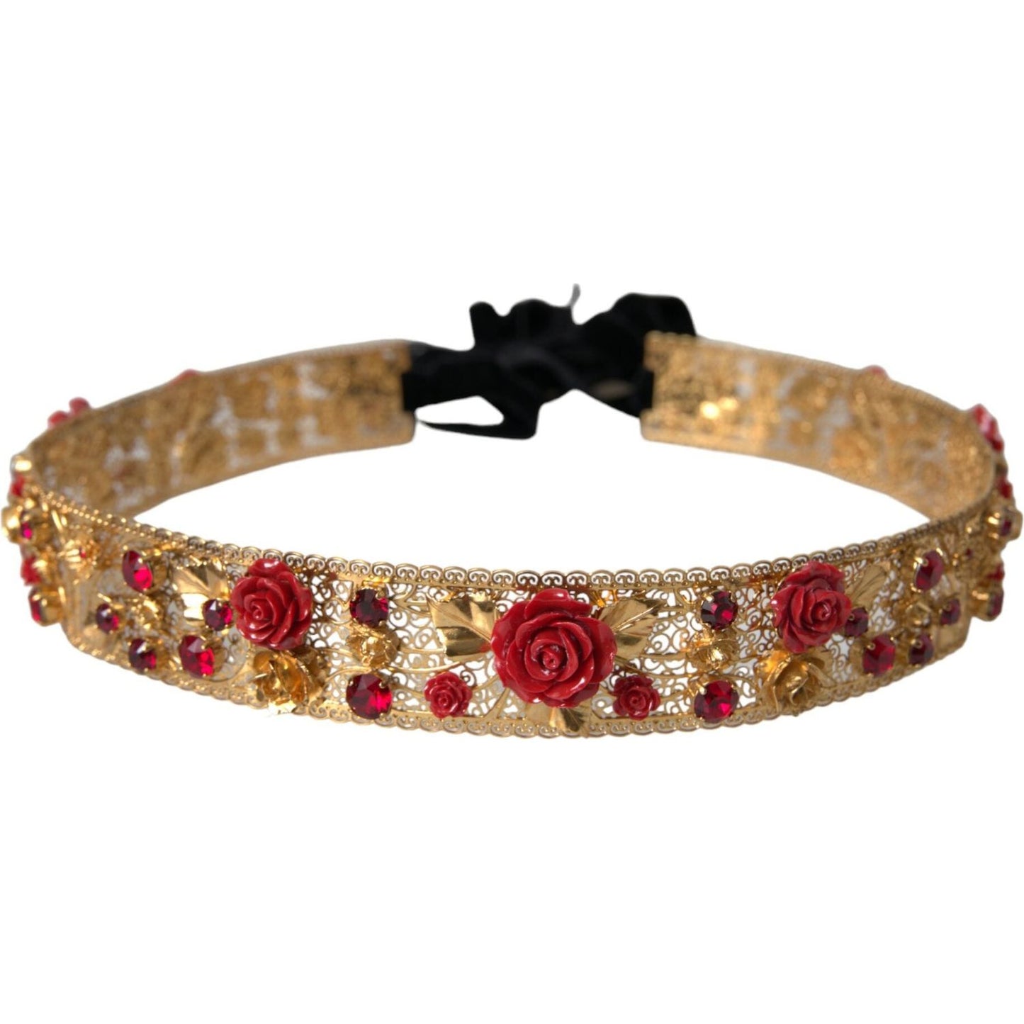 Gold Brass Red Roses Crystal Jewel Waist Belt