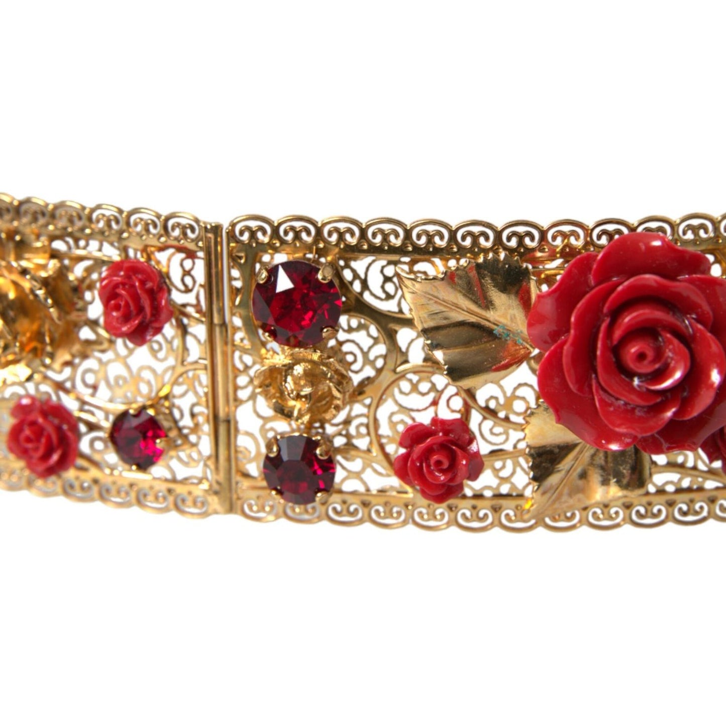 Gold Brass Red Roses Crystal Jewel Waist Belt