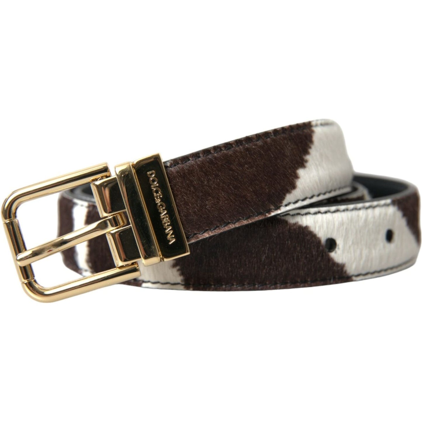 Brown White Zebra Pony Hair Gold Buckle Belt