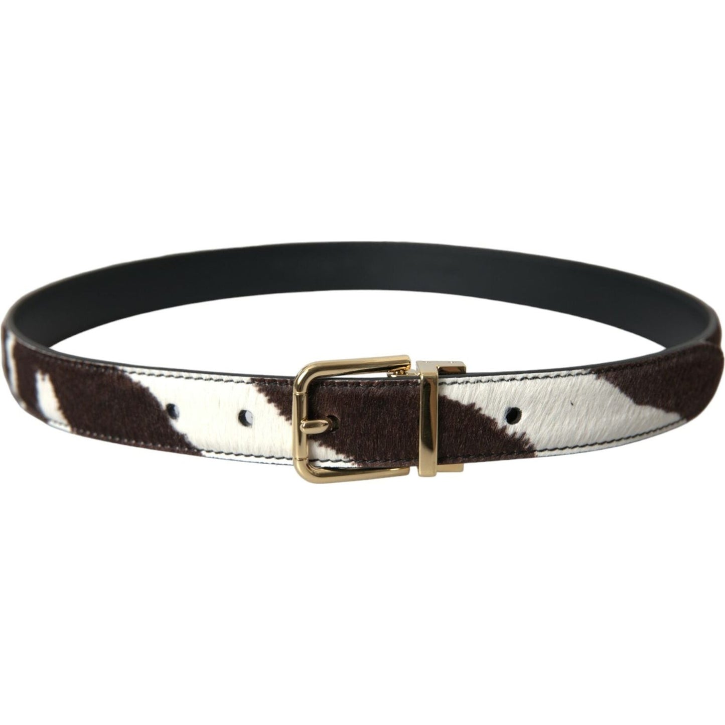 Brown White Zebra Pony Hair Gold Buckle Belt