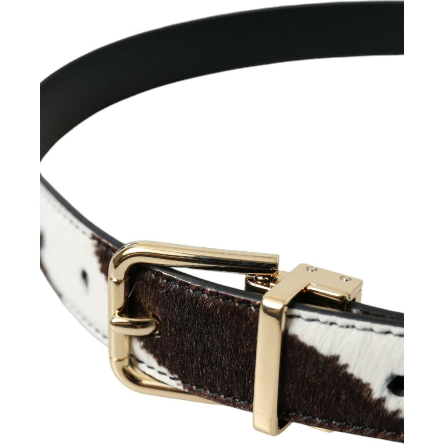 Brown White Zebra Pony Hair Gold Buckle Belt