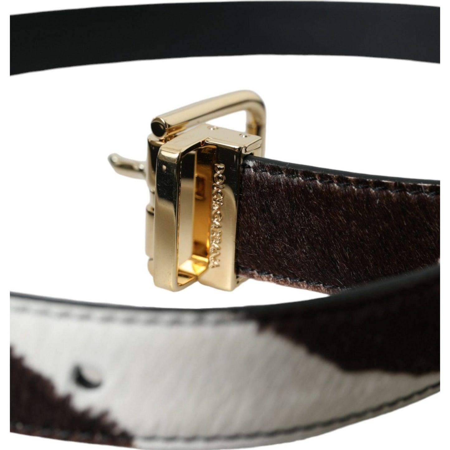 Brown White Zebra Pony Hair Gold Buckle Belt