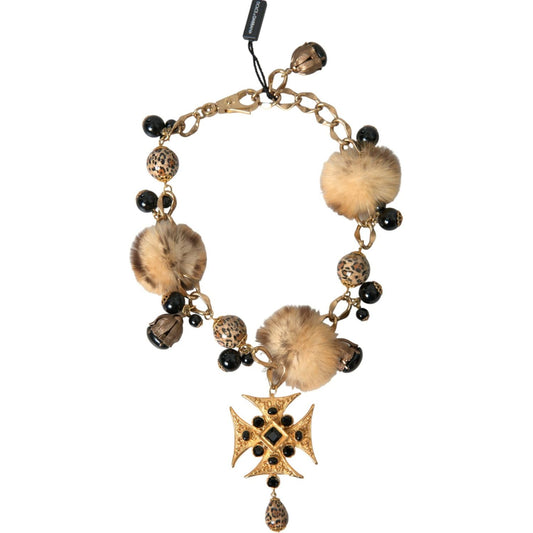 Gold Black Crystals Lapin Fur Filigree Chocker Necklace