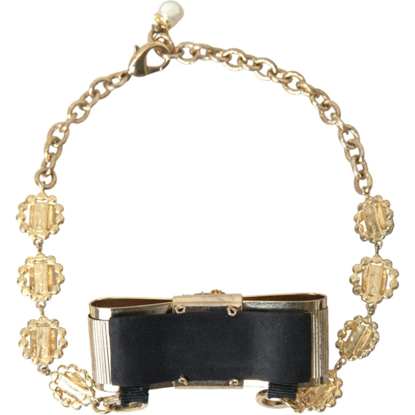 Dolce & Gabbana Gold Brass Clear Crystal Bow Chain Choker Necklace Necklace