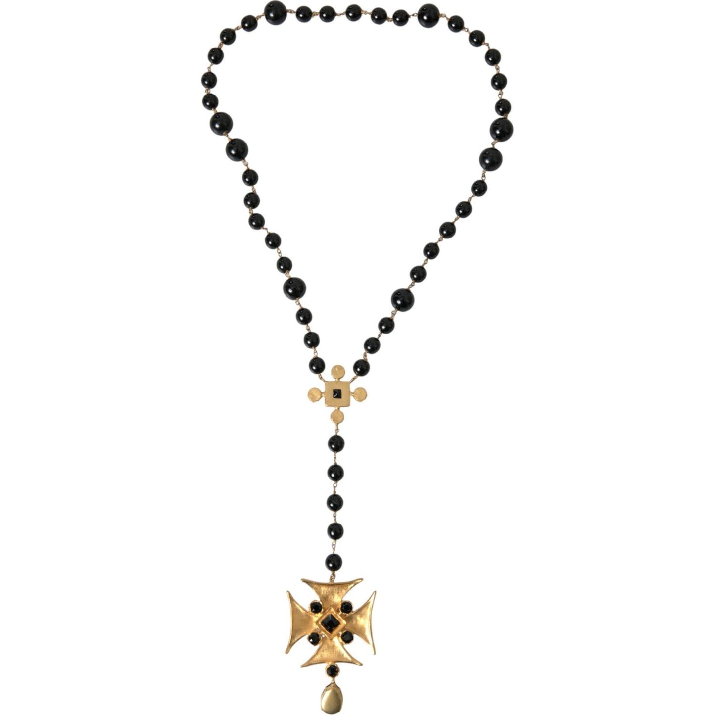 Gold Tone Brass Cross Black Beaded Chain Rosary Necklace