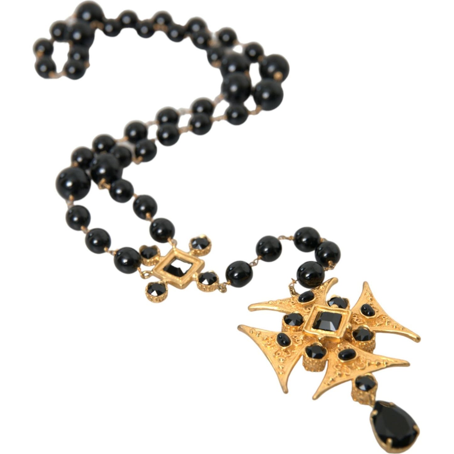 Gold Tone Brass Cross Black Beaded Chain Rosary Necklace