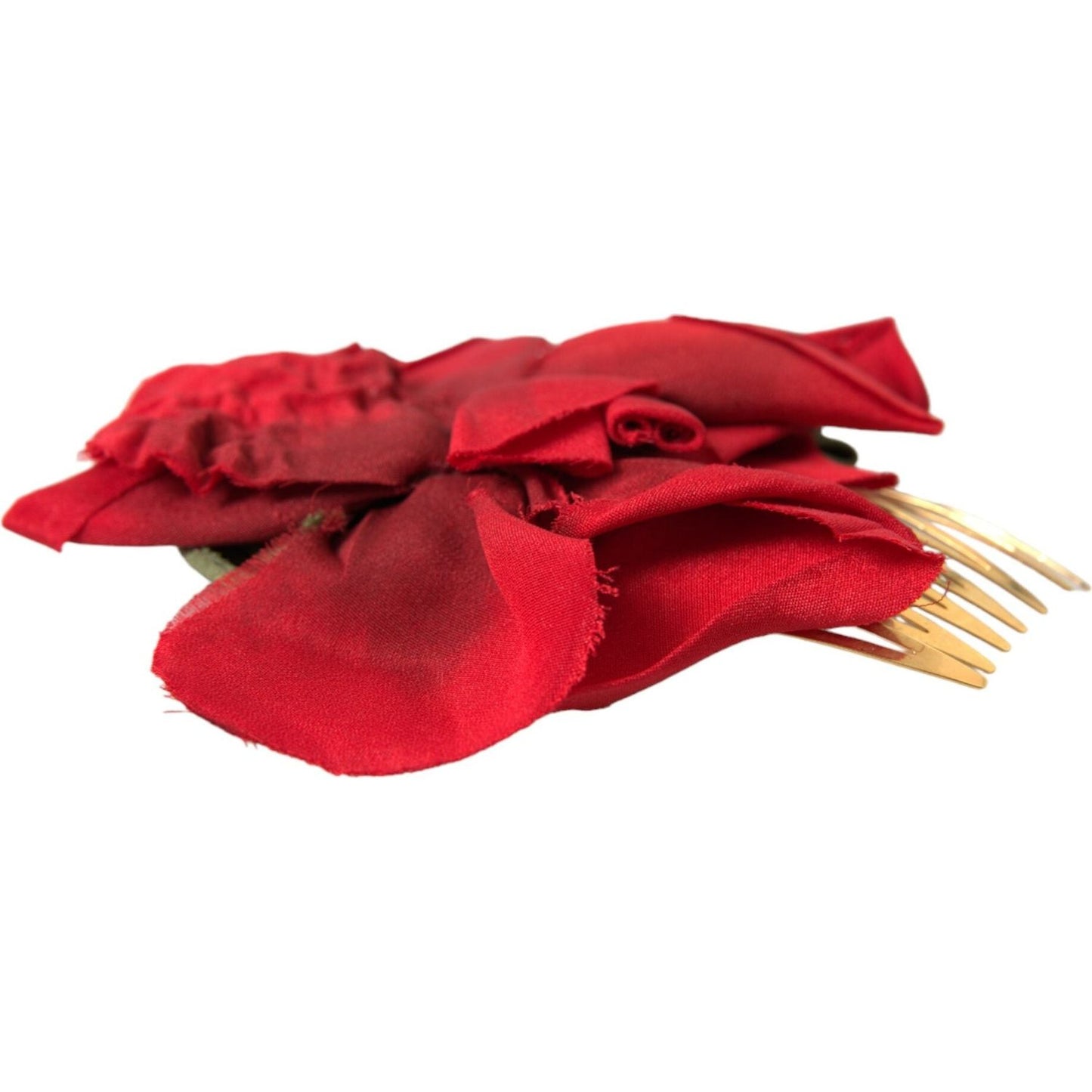 Red Silk Floral Gold Brass Women Hair Comb