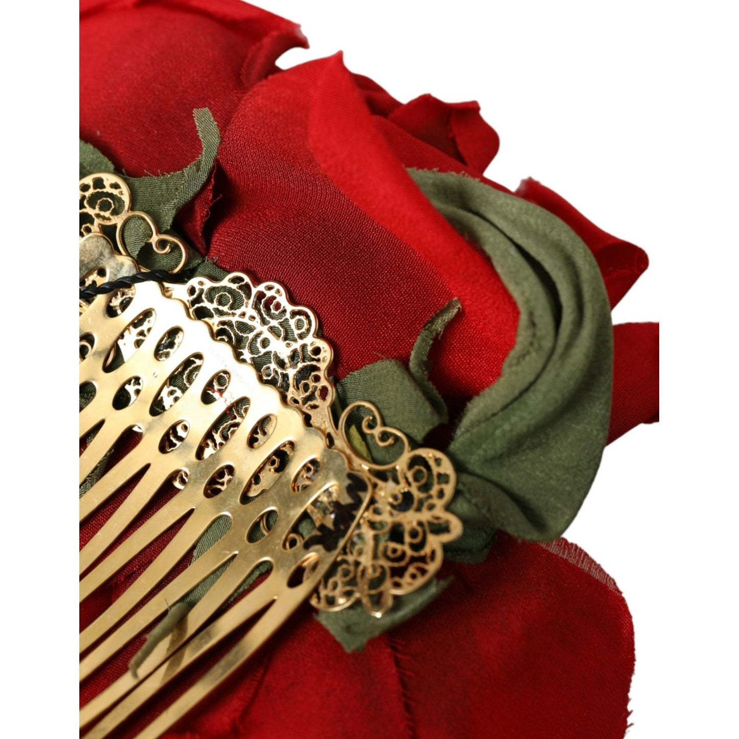 Red Silk Floral Gold Brass Women Hair Comb