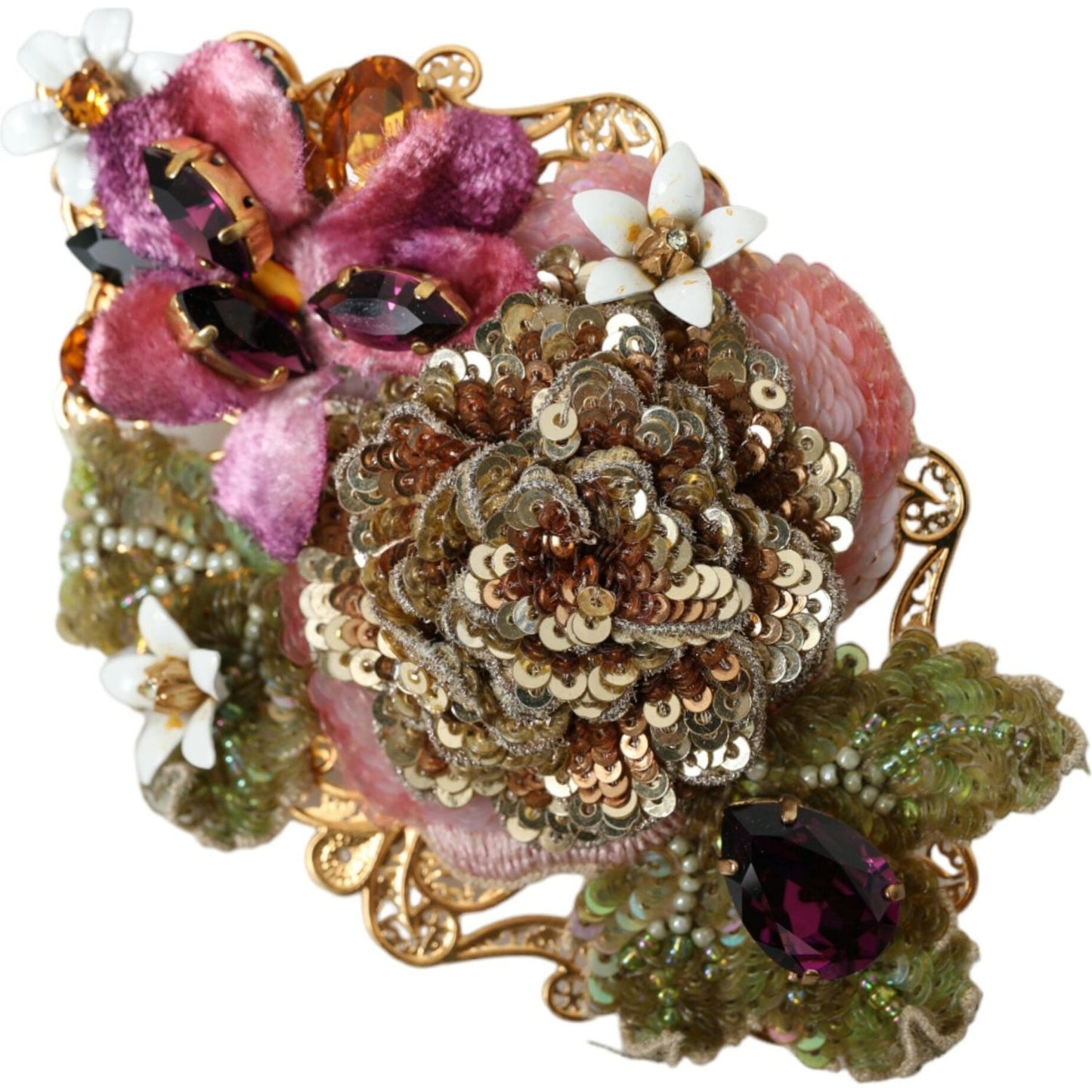 Gold Brass Floral Crystal Sequined Hair Clip