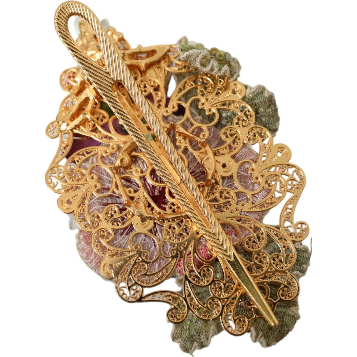 Gold Brass Floral Crystal Sequined Hair Clip