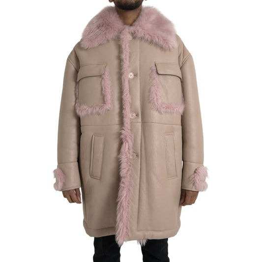 Beige Pink Lamb Leather Shearling Coat Jacket Dolce & Gabbana