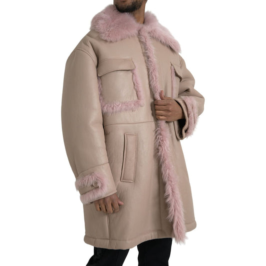 Beige Pink Lamb Leather Shearling Coat Jacket Dolce & Gabbana