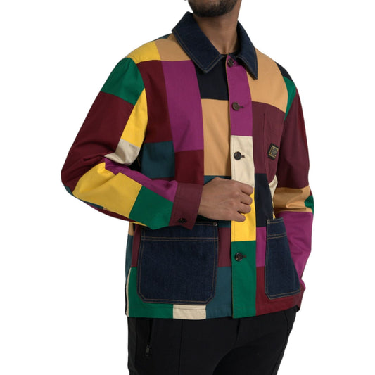 Multicolor Patchwork Cotton Collared Jacket