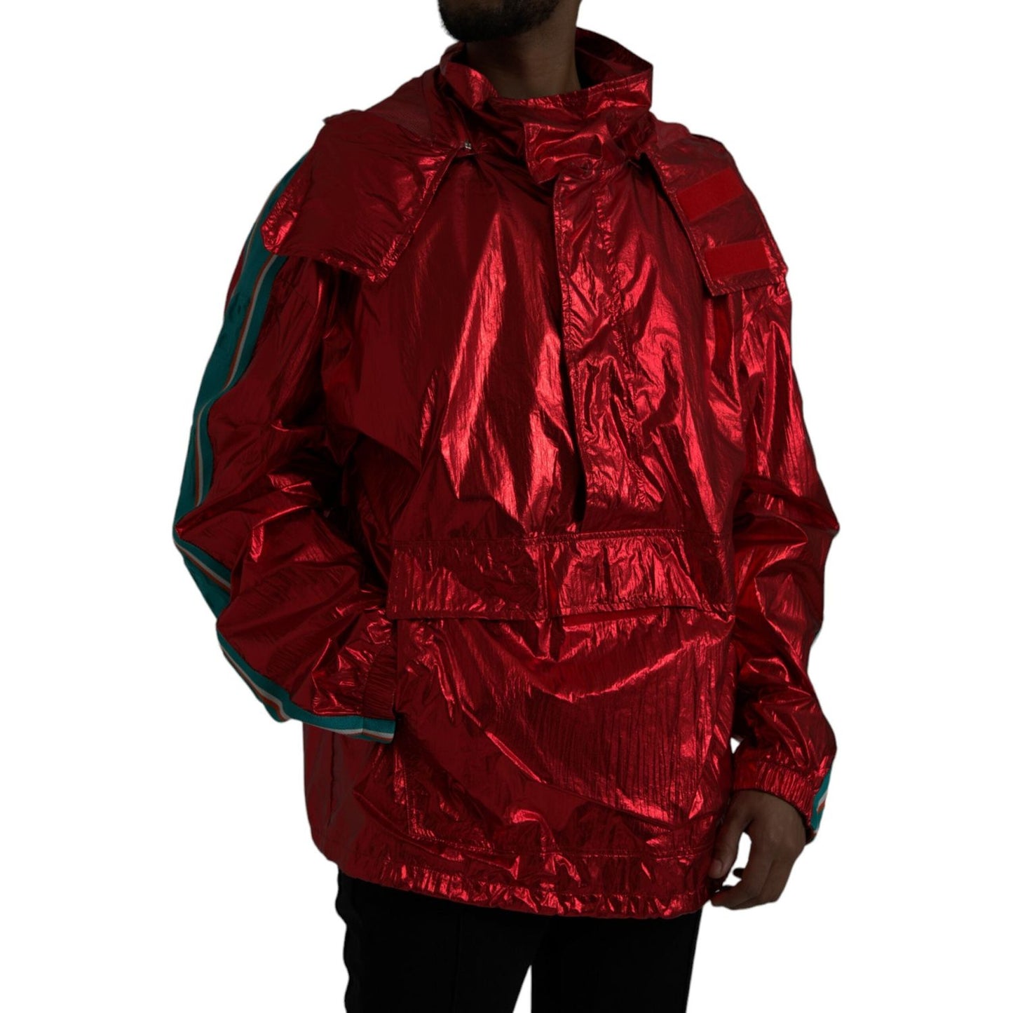 Red Nylon Hooded Pullover Sweatshirt Jacket