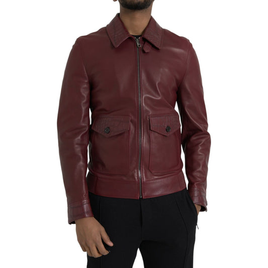 Maroon Exotic Leather Zip Biker Coat Jacket Dolce & Gabbana