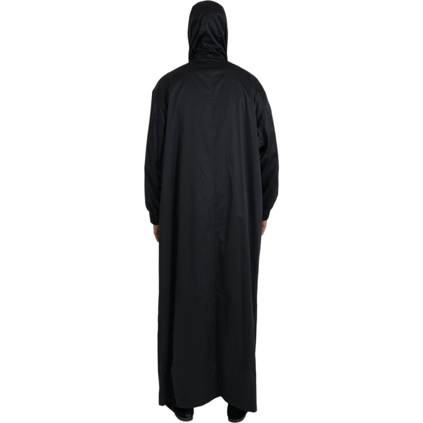 Black Polyester Hooded Long Windbreaker Jacket