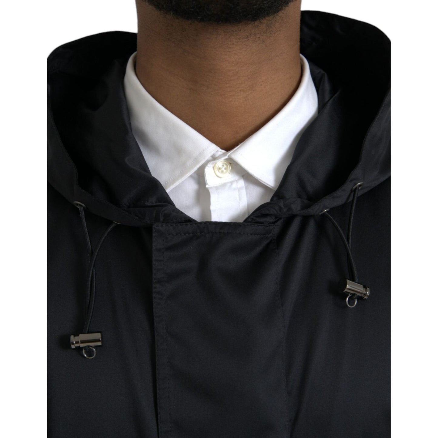 Black Polyester Hooded Long Windbreaker Jacket