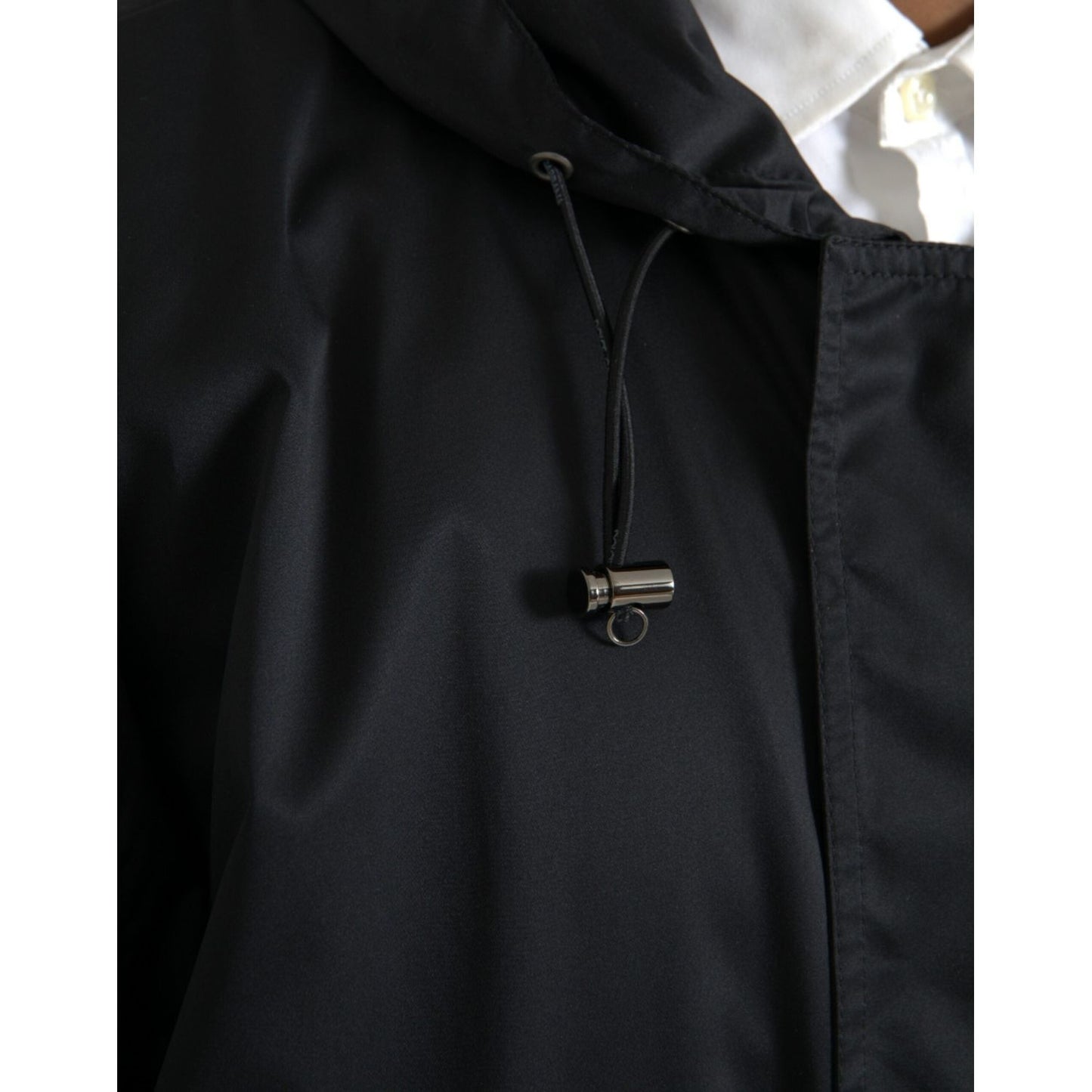 Black Polyester Hooded Long Windbreaker Jacket