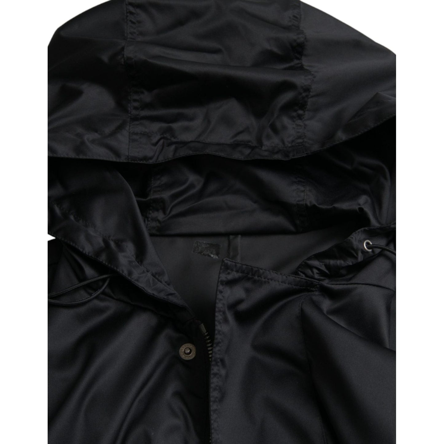 Black Polyester Hooded Long Windbreaker Jacket